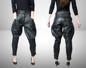 Women Vintage Steampunk English Jodhpurs Black Leather Breeches Pants