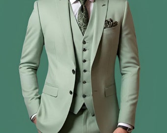 Herren Salbeigrüner 3-teiliger Hochzeitsanzug - Groomsmen Spezielle Sommerstrandkleidung
