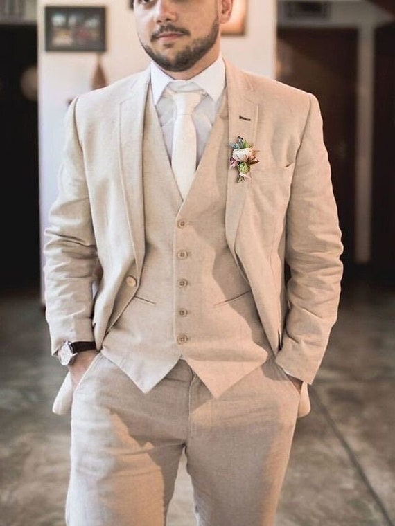 メンズハンドメイドベージュリネン3ピーススーツ スリムフィット 結婚