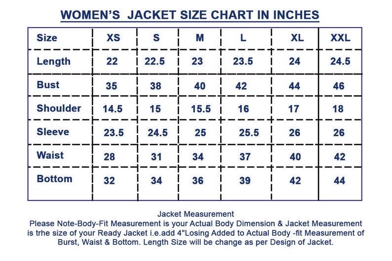 May include: A jacket size chart in inches with a grid displaying sizes from XS to XXL. Rows list measurements for length, bust, shoulder, sleeve, waist, and bottom. Text below the table explains that body-fit measurements differ from jacket size.