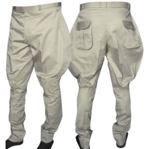 May include: A pair of beige riding breeches with a pleated design and a back pocket on each side.