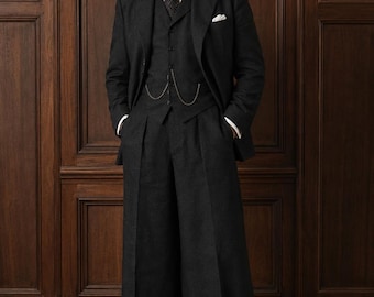 Men's Black Linen 3 Piece Suit Men | 1930s Vintage Wide Leg Suit | Old Money Menswear | Gatsby Style Wedding Suit | Retro Groom Outfit