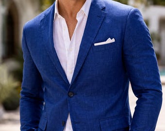 Royal Blue Linen Suit 2-Piece Relaxed Fit Wedding Summer Ensemble Outfits