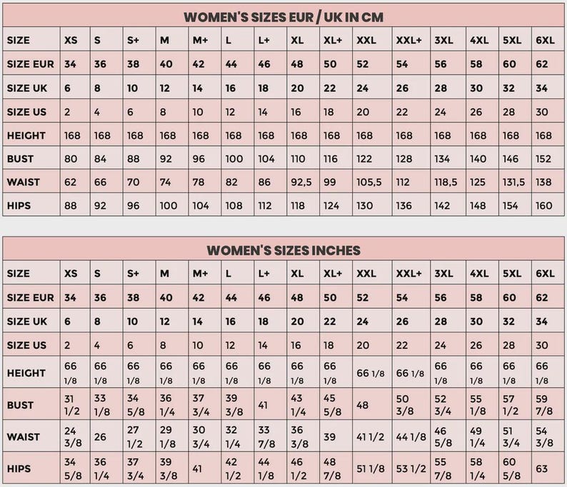 May include: A size chart for women's clothing, displaying measurements in centimeters and inches. The chart includes sizes from XS to 6XL, with corresponding measurements for bust, waist, and hips.
