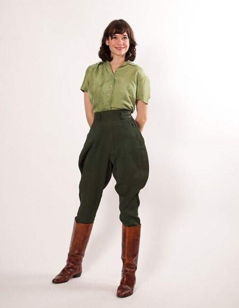 Vintage Wide Leg Pants & Beach Pajamas History     Vintage Steampunk Breeches Women English Jodhpurs green Breeches Pant– 1930s  AT vintagedancer.com