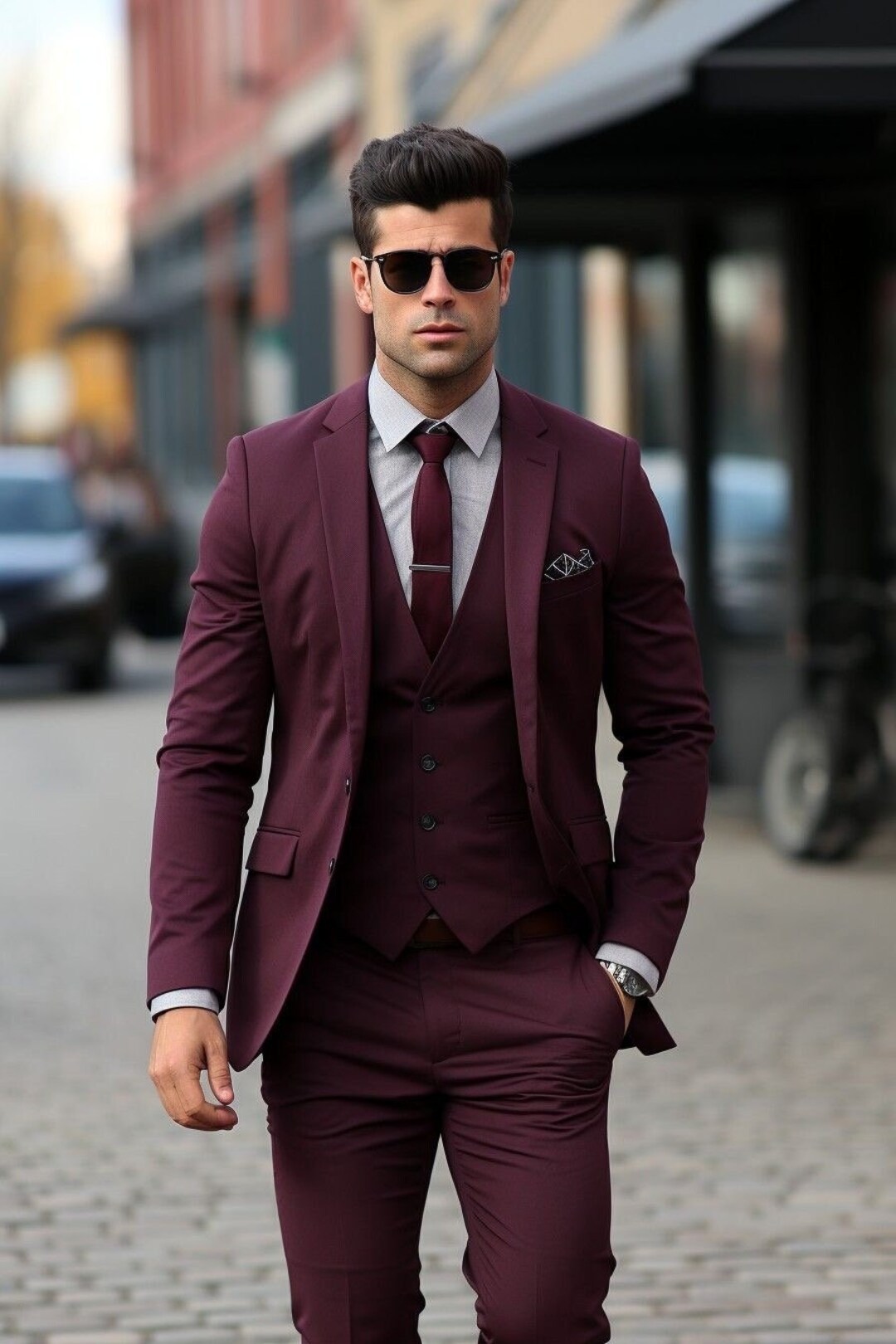 男性用タキシードスーツ 3ピース ウェディングスーツ バーガンディ