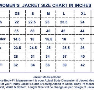 May include: A size chart for women's jackets, displaying measurements in inches. The chart includes sizes XS to XXL, with measurements for length, bust, shoulder, sleeve, waist, and bottom. Text at the bottom explains jacket measurement.