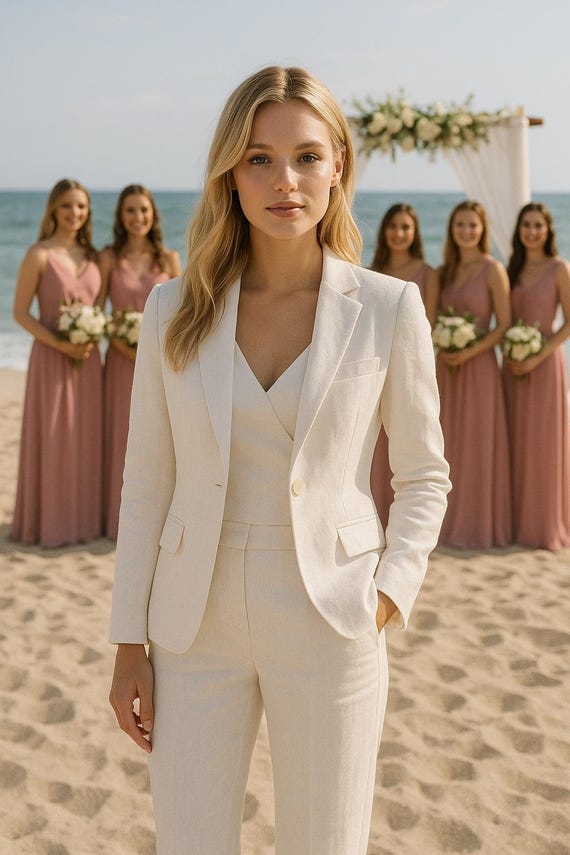 Women Suit Linen White Tuxedo Suit 3- Piece Womens Suits Handmade Slim Fit Outfit Wedding Elegant Suit
