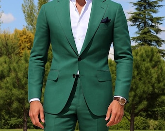 メンズダークグリーンスーツ：スリーピースウェディングプロム