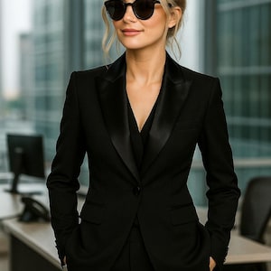Black Women&#39;s Tailored Two-Piece Suit | Satin Lapel Blazer Trousers | Business Formal Evening Wear | Elegant Work Outfit | Stylish Suit Set