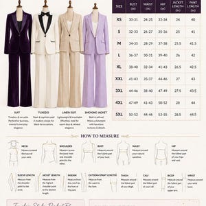 May include: A size chart for suits, tuxedos, and linen sets, featuring four mannequins in purple, white, beige, and lavender outfits. It includes a table with bust, waist, hip, and length measurements in inches, plus diagrams illustrating how to measure.