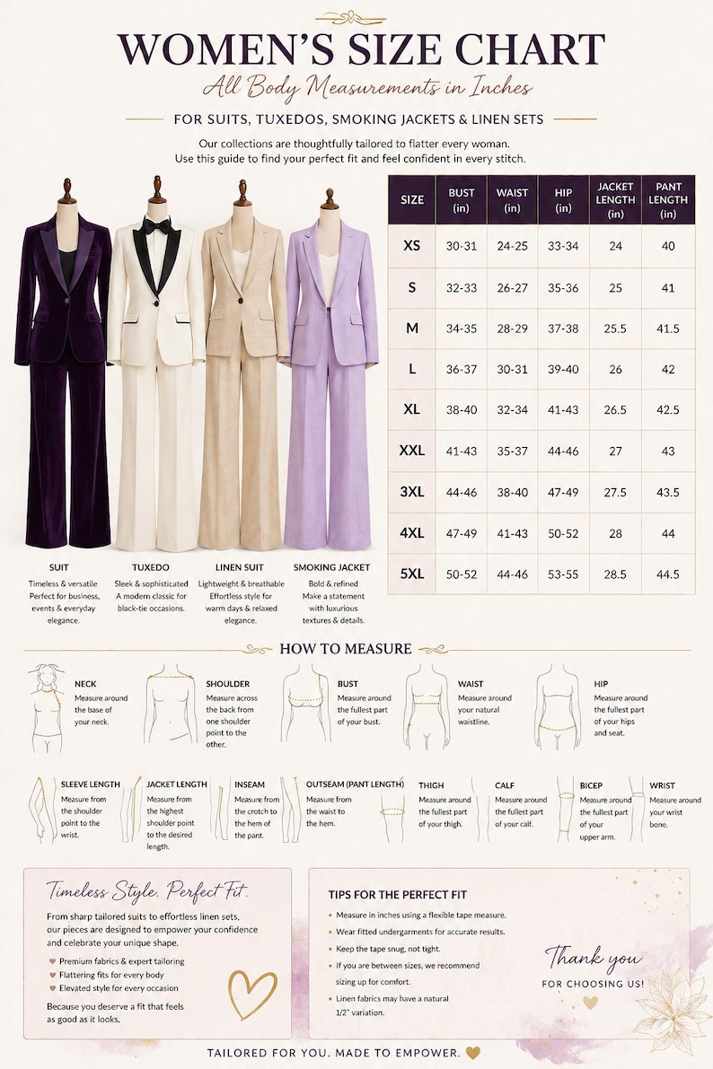 May include: A size chart for suits, tuxedos, and linen sets, featuring four mannequins in purple, white, beige, and lavender outfits. It includes a table with bust, waist, hip, and length measurements in inches, plus diagrams illustrating how to measure.