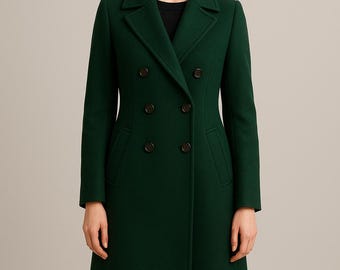 Bottle Green Wool Coat Women, Warm wool Coat Women, Long Wool Coat, Long Lantern Sleeve Coat, Double Breasted Belt Coat,