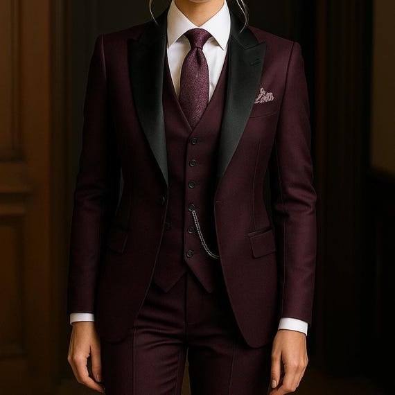 Women Burgundy Suit 3-piece Suit Satin Lapel Pantsuit Vest Slim Fit Tuxedo for Women