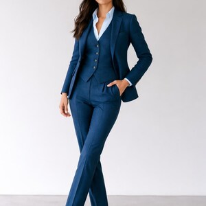Women's Blue Linen 3-Piece Suit Set, Tailored Blazer Vest Pants, Office Wear Outfit image 3
