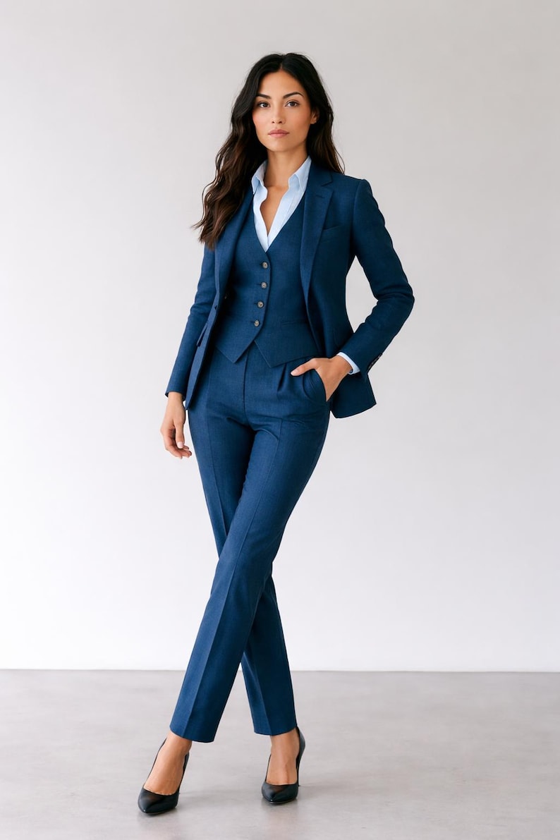 Women's Blue Linen 3-Piece Suit Set, Tailored Blazer Vest Pants, Office Wear Outfit image 3