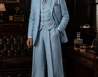 Men's Sky Blue Linen Suit 3 Piece | 1930s Old Money Wedding Suit | Wide Leg Vintage Groom Outfit | Summer Formal Wear