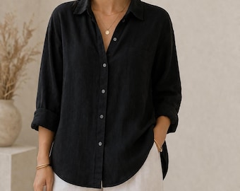 Women's Black Linen Shirt | Relaxed Fit Button Down Blouse, Summer Vacation Top