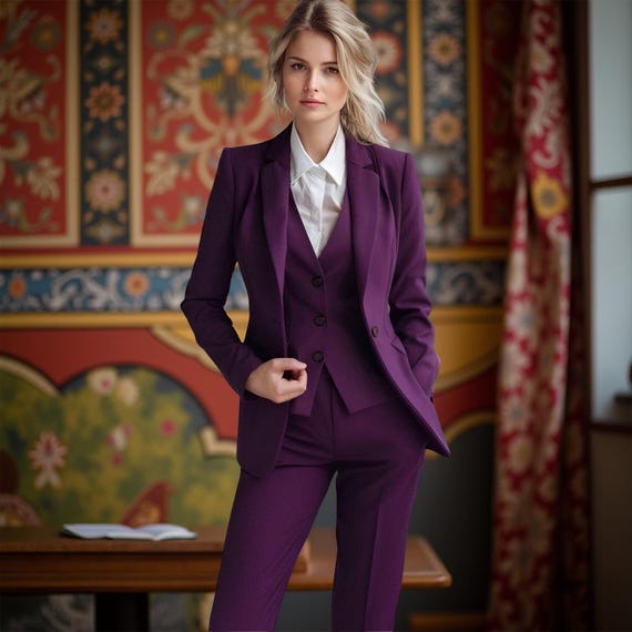 Purple Women's 3-piece Suit: Slim Fit Blazer, Vest Pants