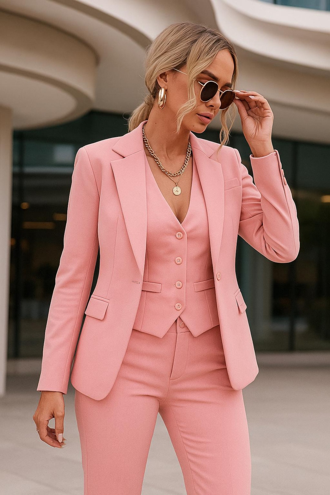 レディース 3ピース ピンクスーツ シック オフィスウェア ブレザー