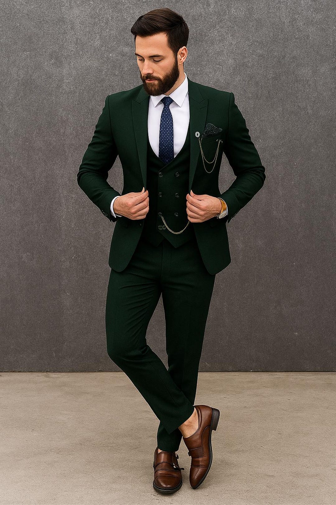 メンズダークグリーンスーツ：テーラードフィット、ダブルブレスト