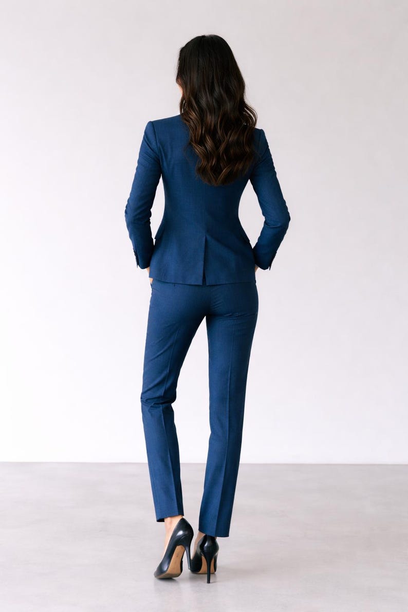 Women's Blue Linen 3-Piece Suit Set, Tailored Blazer Vest Pants, Office Wear Outfit image 4