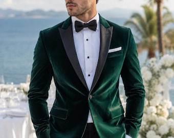 Men's Green Velvet Tuxedo Jacket | Slim Fit Wedding Blazer for Groom | Luxury Dinner Jacket | Formal Party Wear Suit | Beach Wedding Outfit
