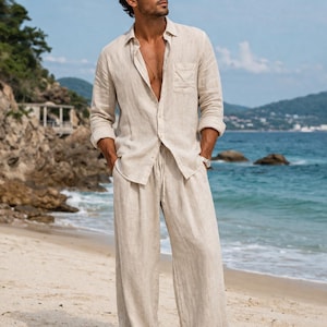 linen dress pants for beach wedding Men's Suit – Comfortable Cotton Blend Trousers Weddings, Casual Events & Everyday Wear Beach Pants For Men linen wedding suit