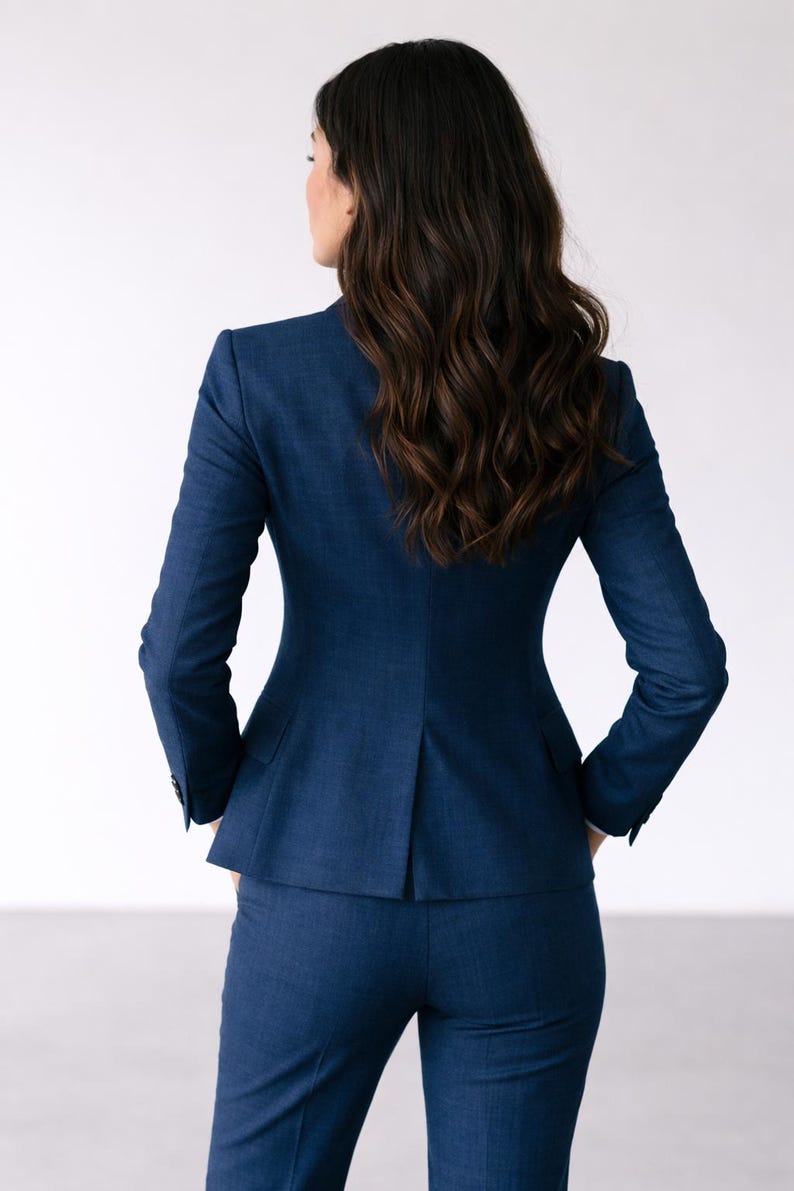 May include: A navy blue business suit, featuring a tailored blazer and matching trousers. The blazer has a classic two-button closure and a notched lapel. The suit is made of a textured fabric, and the person is facing away from the camera.