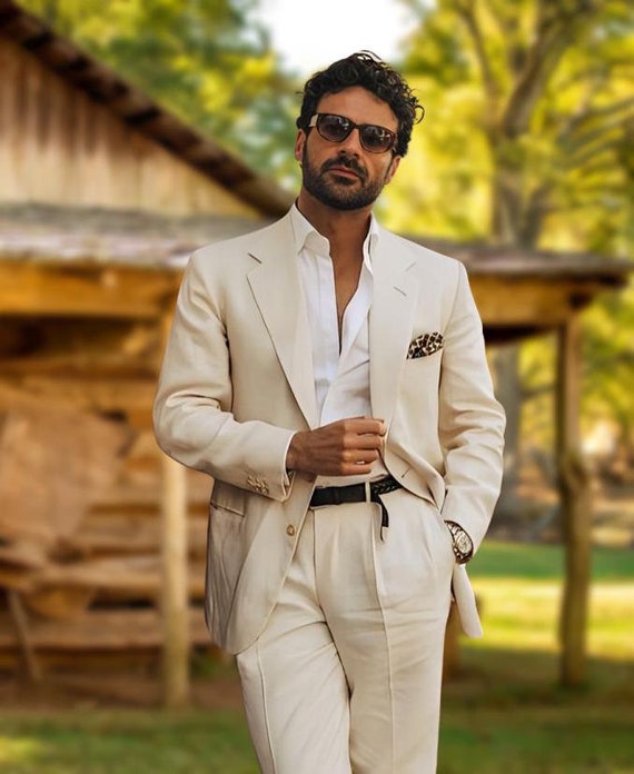 Men Linen Suits 2 Piece Groom Suit Wedding Suit Groomsmen Dinner Suits Linen Apparels for Men