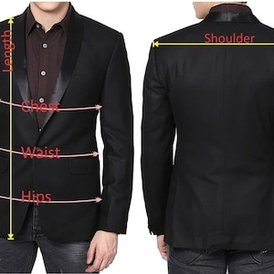 Pu&ograve; includere: Un blazer nero con revers in raso. Il blazer &egrave; mostrato con le misure per lunghezza, maniche, petto, vita, fianchi e spalle.