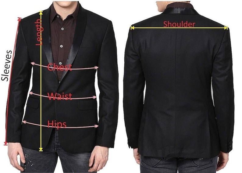Pu&ograve; includere: Un blazer nero con revers in raso. Il blazer &egrave; mostrato con le misure per lunghezza, maniche, petto, vita, fianchi e spalle.