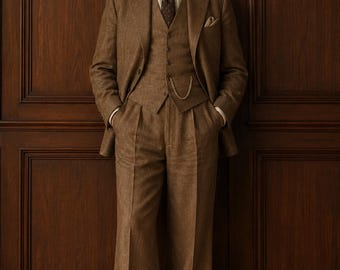 Brown Linen 3 Piece Suit for Men | 1930s Vintage Menswear | Old Money Wide Leg Trousers | Classic Gentleman Outfit | Summer Wedding Suit