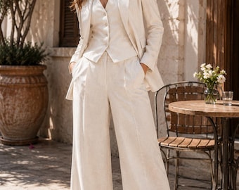 Damen-Tuxedo-Hosenanzug aus cremefarbenem Leinen, 3-teilig, schmal geschnitten, für Braut und Büro.