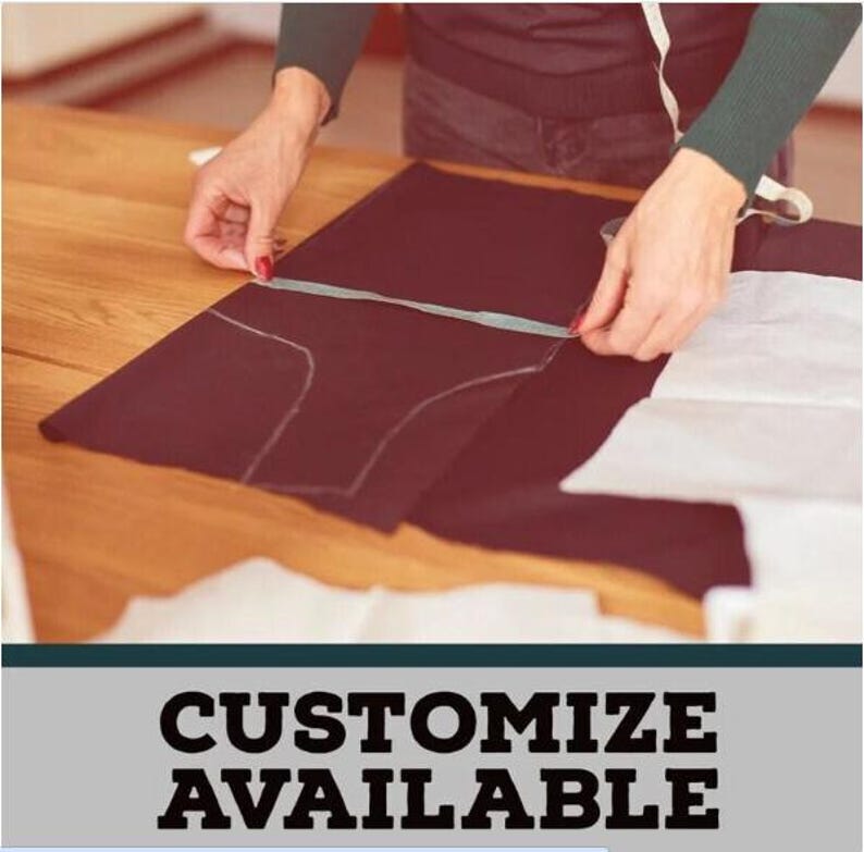 May include: A dark fabric piece featuring a white chalk outline of a garment pattern, being measured with a flexible white measuring tape. The text CUSTOMIZE AVAILABLE is displayed in bold black letters on a light gray background at the bottom.