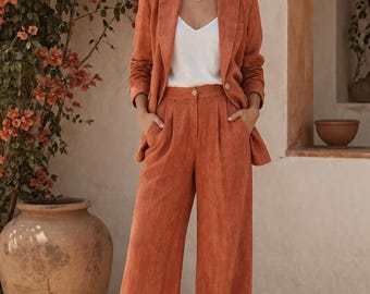Rust Terracotta Women 2 Piece Pant Suit Custom Bridesmaid Blazer Wedding Prom Bride Suit, Ladies Clothing