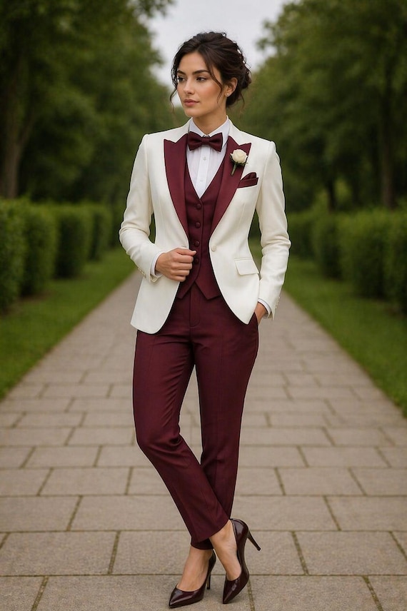 Women Burgundy Suit Set, Off White Blazer Suit, 3 Piece Women Suit, Wedding Tuxedo, Bridesmaid Outfit