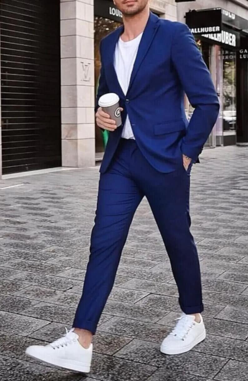 Pretty Color Matching Man's Wedding Suit Navy Blue 2 Pieces Slim Fit Men's Suits