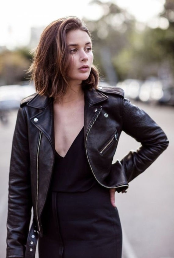 Women's Black Leather Biker Jacket With Gold Zippers, Handmade