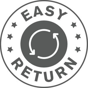 May include: A circular dark gray icon featuring the text EASY RETURN in bold capital letters along the top and bottom edges. The center contains a white circular arrow symbol representing a cycle, flanked by three small stars on each side.