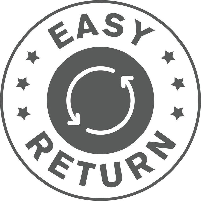 May include: A circular dark gray icon featuring the text EASY RETURN in bold capital letters along the top and bottom edges. The center contains a white circular arrow symbol representing a cycle, flanked by three small stars on each side.