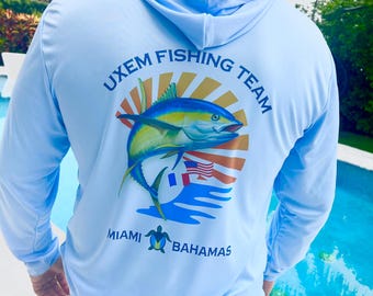 Custom Hooded Printed Fishing shirt, UPF 50, Dry Fit Long Sleeve