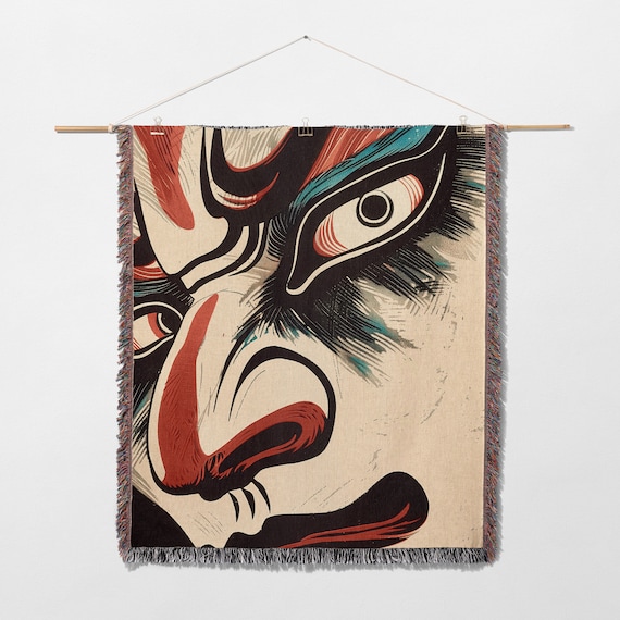 Japanese Blanket, Feudal Japan Kabuki Mask Woven Blanket, Kabuki Mask Woven Throw Blanket, Japanese Woven Blanket