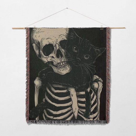 Cat Hugging A Skeleton Blanket, Skeleton & Black Cat Woven Blanket, Goth Throw Blanket, Witchy Room Decor, Gifts For Cat Lover, Halloween