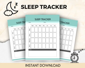 May include: A printable sleep tracker with a light blue background. The tracker has a section for each day of the week, with spaces to record the time you went to bed, the time you woke up, and the number of hours you slept. There is also a space for notes.