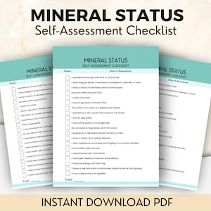 Könnte beinhalten: Eine druckbare Checkliste zur Selbsteinschätzung des Mineralstoffhaushalts. Die Checkliste umfasst Symptome wie Krämpfe, unregelmäßige Darmbakterien und Gelenkschmerzen. Sie enthält auch Fragen zu Heißhungerattacken, Energieniveaus und allgemeiner Gesundheit.