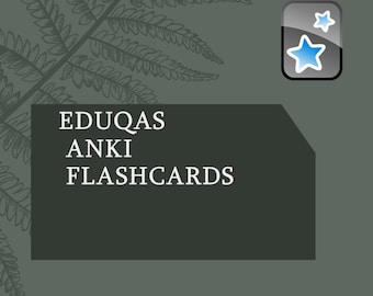 May include: A green background with a fern pattern. A white rectangle with the text "EDUQAS ANKI FLASHCARDS" is in the centre of the image. A blue star icon is in the top right corner of the image.