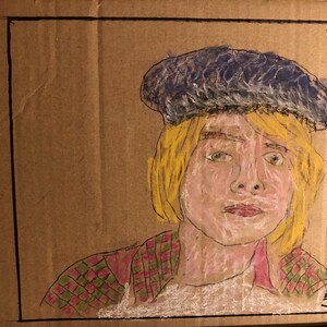 Peut inclure: Dessin au pastel sur carton représentant une personne aux cheveux jaunes et un chapeau bleu. La personne porte une chemise à carreaux rouge et verte. Le dessin est signé avec la date du 12/05/95.