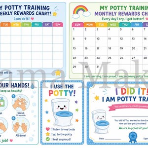May include: A set of potty training charts and certificates featuring colorful illustrations of toilets, a bear, and a trophy. The text includes My Potty Training Weekly Rewards Chart, My Potty Training Monthly Rewards Chart, Wash Your Hands, I Use The Potty, and I Did It! I Am Potty Trained.