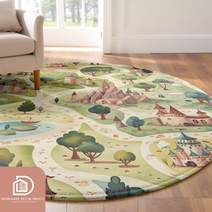 Castle Road Map 1,5 m runder Teppich, mittelalterlicher Märchen-Kinderzimmer-Thema weiche Krabbeldecke, Fantasy bequemer runder Teppich, Märchenland flauschige Aktivitätsmatte